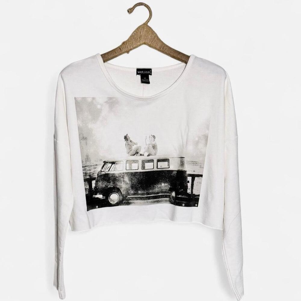 Y2K Wet Seal Volkswagen VW Bus crop Long Sleeve b&W Graphic print tee medium